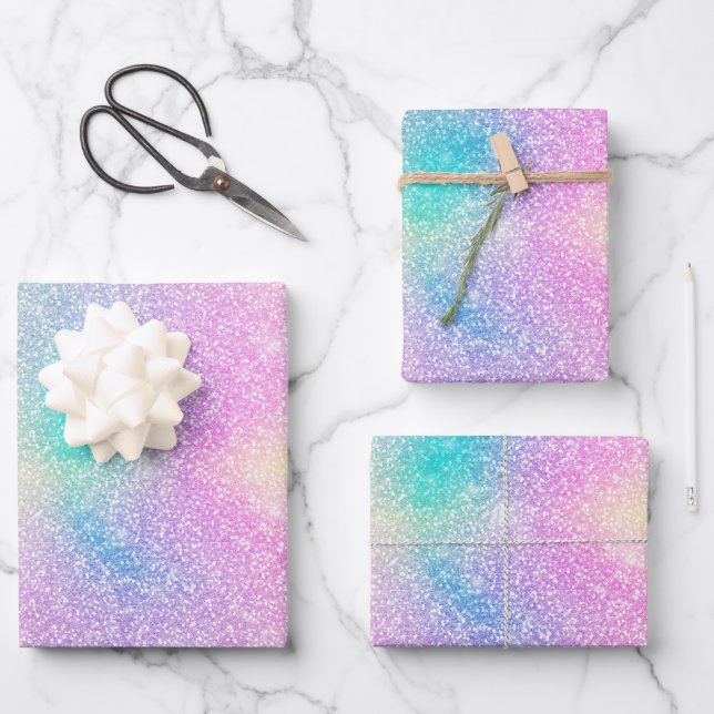 Pastel Rainbow Glitter Gradient Wrapping Paper Sheet (Front)