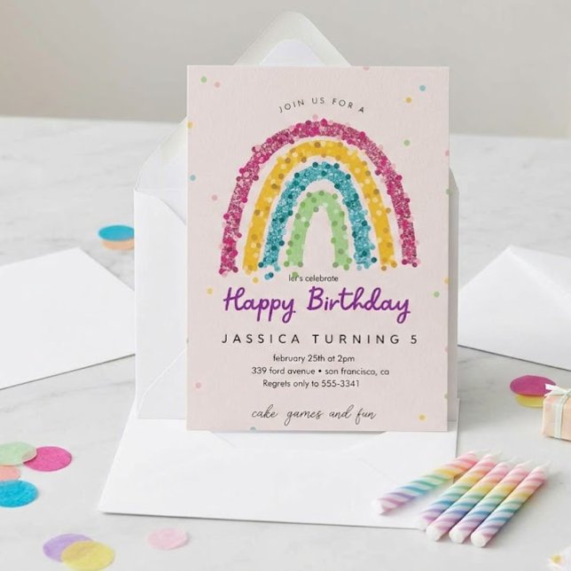 Pastel Rainbow Glitter Kids Birthday Party Invitation (Creator Uploaded)