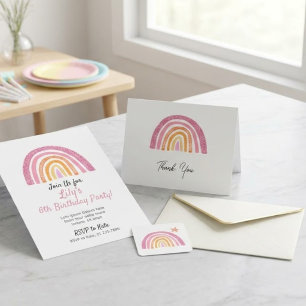 Pastel Rainbow Glitter Kids Birthday Party Thank You Card