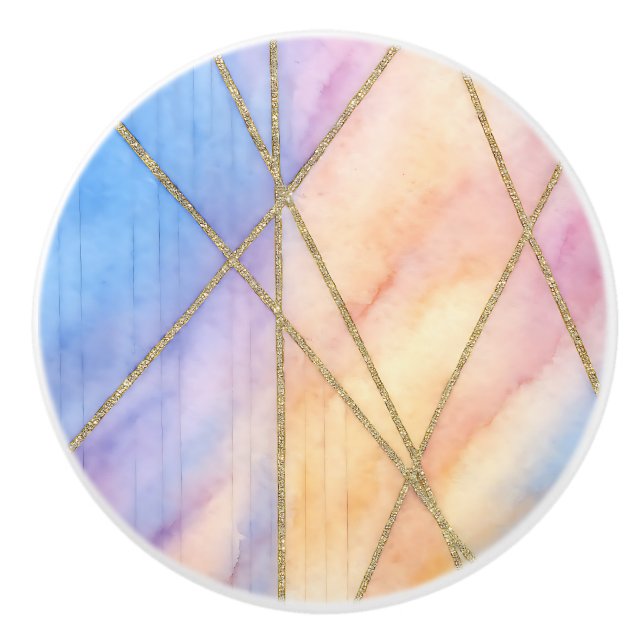 Pastel Rainbow Gold Geometric Abstract Home Ceramic Knob (Front)