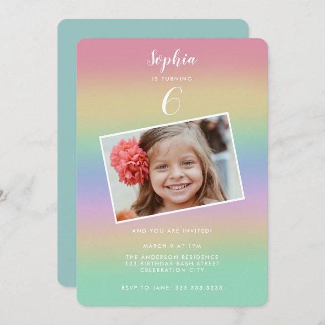 Pastel Rainbow Gradient Colourful Kids Birthday Invitation (Front/Back)