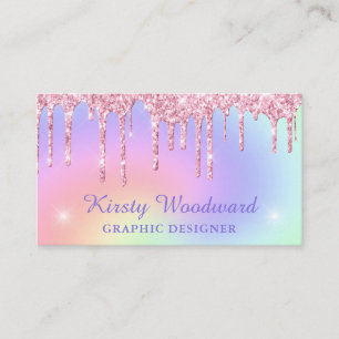 Pastel Rainbow Gradient & Pink Dripping Glitter Business Card