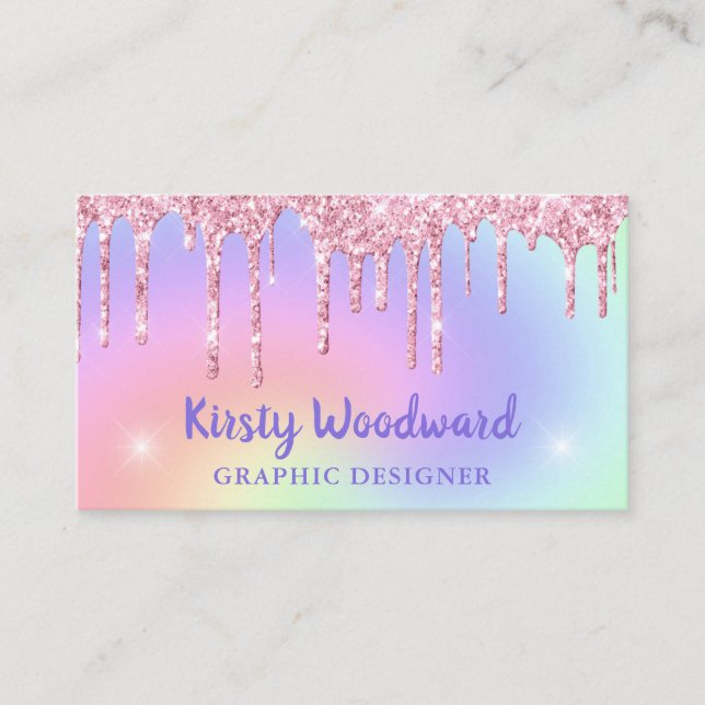 Pastel Rainbow Gradient & Pink Dripping Glitter Business Card (Front)