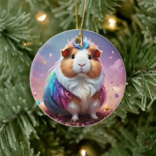 Pastel Rainbow Guinea Pig Unicorn, Ceramic Tree Decoration