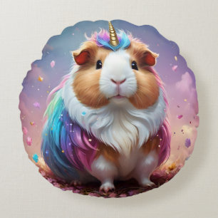 Pastel Rainbow Guinea Pig Unicorn, Round Cushion