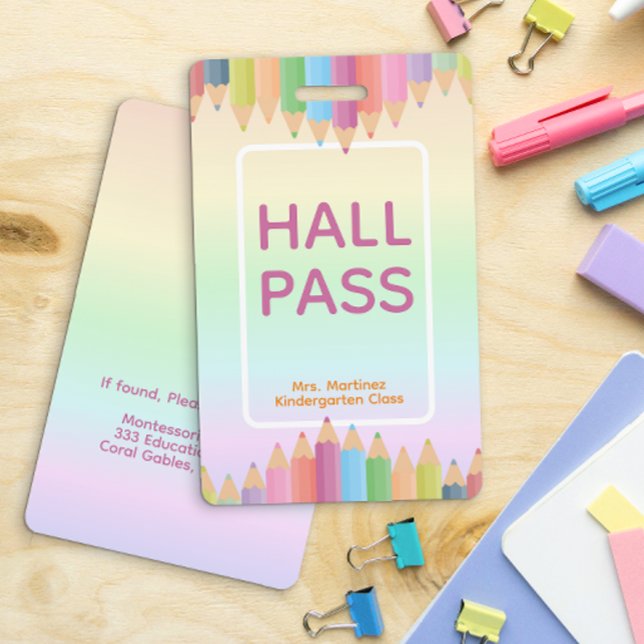 Pastel Rainbow Hall Pass Badge for Teachers ID Badge (Creator Uploaded)