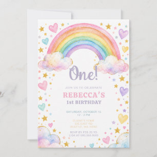 Pastel Rainbow Hearts and Clouds Birthday Invitation