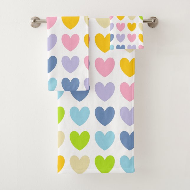 Pastel Rainbow Hearts Bath Towel Set (Insitu)