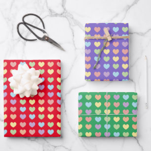 Pastel Rainbow Hearts Pattern Kids Wrapping Paper Sheet