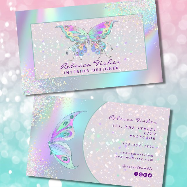 Pastel Rainbow Holographic Butterfly Business Card (butterfly business card)