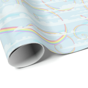 Pastel Rainbow in Blue Sky with White Clouds Wrapping Paper