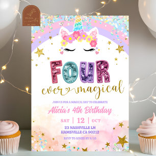 Pastel Rainbow Magical Unicorn 4th Birthday Invitation