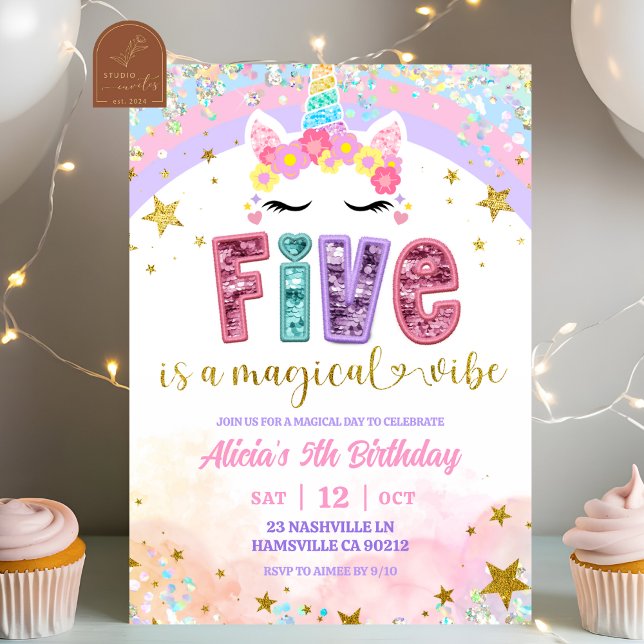 Pastel Rainbow Magical Unicorn 5th Birthday Invitation (Creator Uploaded)