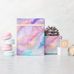 Pastel Rainbow Marble with Gold Glitter Wrapping Paper