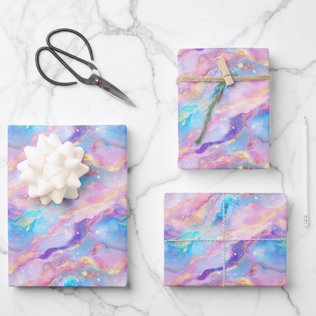 Pastel Rainbow Marble with Gold Glitter Wrapping Paper Sheet (Front)