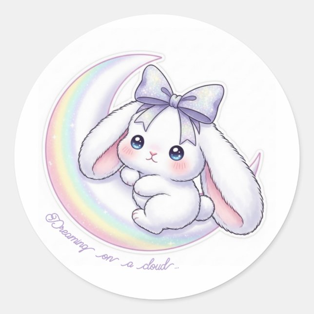 Pastel Rainbow Moon Bunny - Dreamy Starry Night Classic Round Sticker (Front)