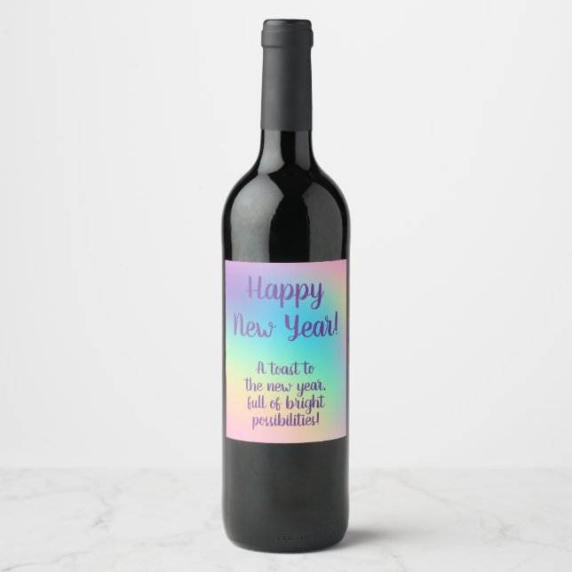 Pastel Rainbow New Year's Party Wine Label (Front)