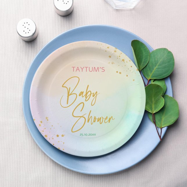 Pastel rainbow ombre baby shower printed paper plate (Pastel rainbow ombre baby shower monogram printed paper plates template personalized table decor)