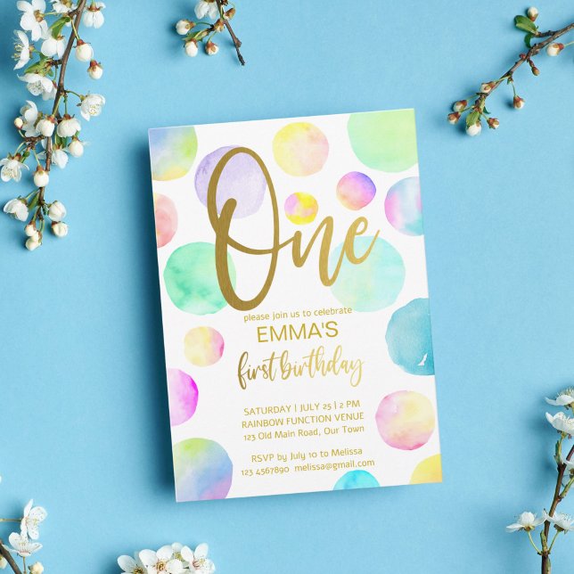 Pastel rainbow ombre dots first birthday party invitation (Creator Uploaded)