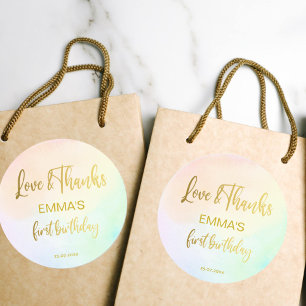 Pastel rainbow ombre first birthday thank you classic round sticker