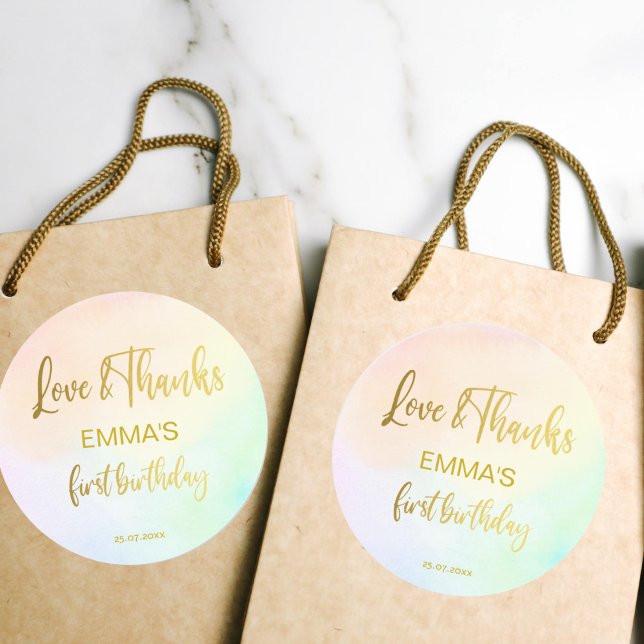 Pastel rainbow ombre first birthday thank you classic round sticker (Creator Uploaded)