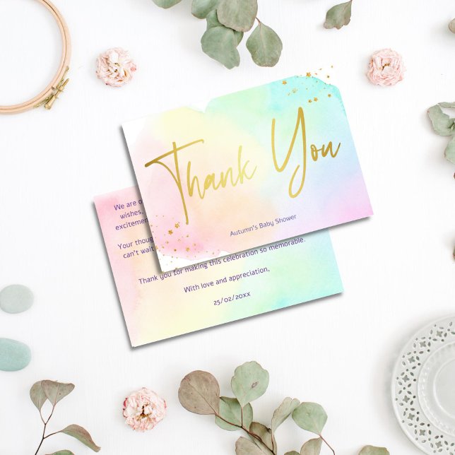 Pastel rainbow ombre gold glitter baby shower thank you card (Pastel rainbow ombre gold glitter baby shower thank you card)