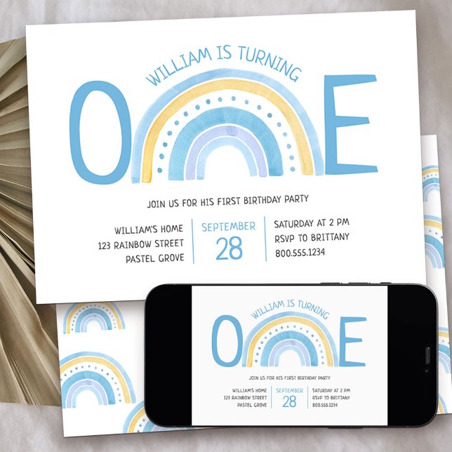 Pastel Rainbow One Boys 1st Birthday Invitation (Rainbow One boys 1st birthday invitation)