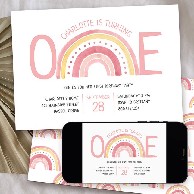 Pastel Rainbow One Girls 1st Birthday Invitation (Rainbow One girls 1st birthday invitation)