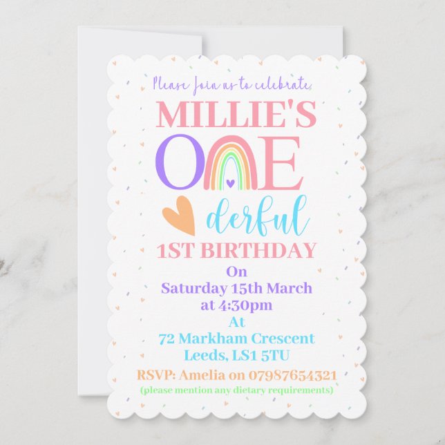 Pastel Rainbow ONEderful 1st Birthday Party Invite (Front)