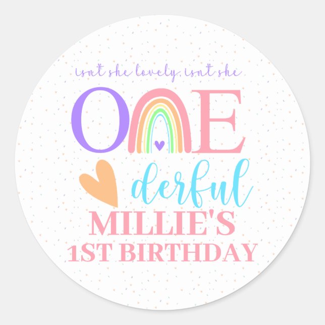 Pastel Rainbow ONEderful 1st Birthday Stickers (Front)