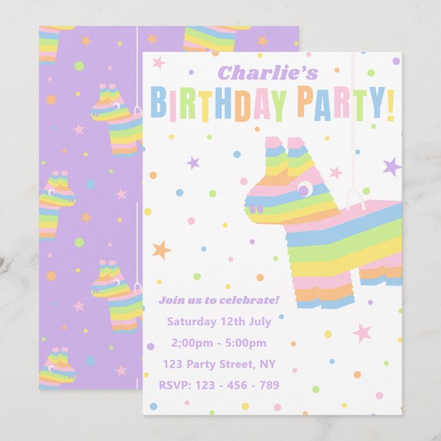 Pastel Rainbow Piñata Birthday Party Invitation (Front/Back)