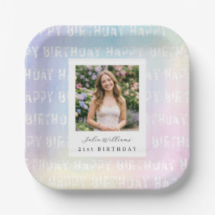 Pastel Rainbow Pink Birthday Photo Paper Plate