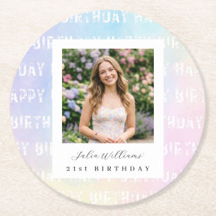 Pastel Rainbow Pink Birthday Photo Round Paper Coaster