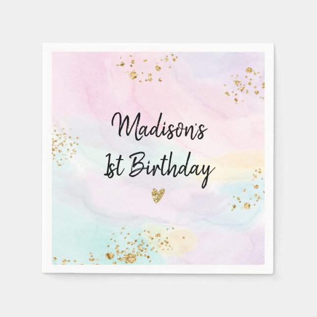Pastel Rainbow Pink Gold Birthday Napkin (Front)