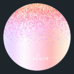 Pastel Rainbow Pink Gold Purple Glitter Monogram Classic Round Sticker<br><div class="desc">Rainbow Pastel - Gold,  Orange and Pink Faux Foil Metallic Sparkle Glitter Brushed Metal Monogram Name and Initial Paper Party Sticker Address Labels. This makes the perfect sweet 16 birthday,  wedding,  bridal shower,  anniversary,  baby shower or bachelorette party gift for someone that loves glam luxury and chic styles.</div>