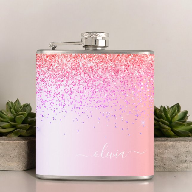 Pastel Rainbow Pink Gold Purple Glitter Monogram Hip Flask (Creator Uploaded)