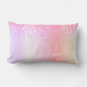 Pastel Rainbow Pink Gold Purple Glitter Monogram Lumbar Cushion