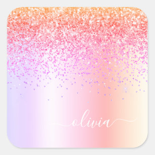 Pastel Rainbow Pink Gold Purple Glitter Monogram Square Sticker