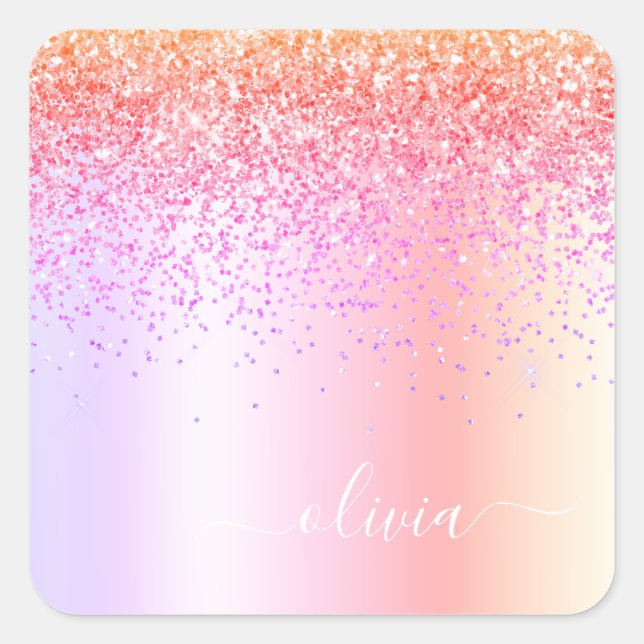 Pastel Rainbow Pink Gold Purple Glitter Monogram Square Sticker (Front)