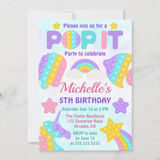 Pastel Rainbow Pop It Fidget Toy Birthday Party Invitation (Front)