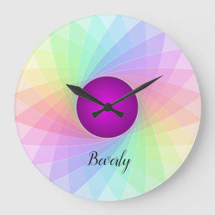 Pastel Rainbow Purple Twirl Name Customised Large Clock