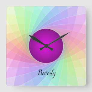 Pastel Rainbow Purple Twirl Name Personalised Square Wall Clock