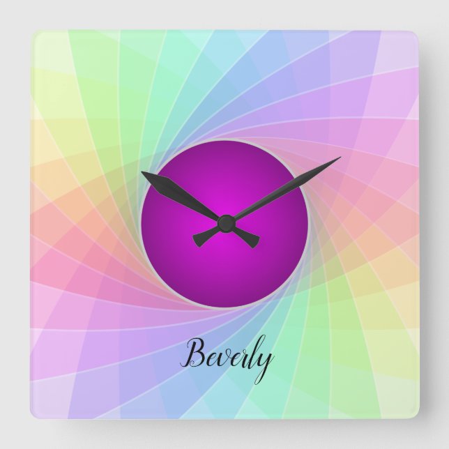 Pastel Rainbow Purple Twirl Name Personalised Square Wall Clock (Front)