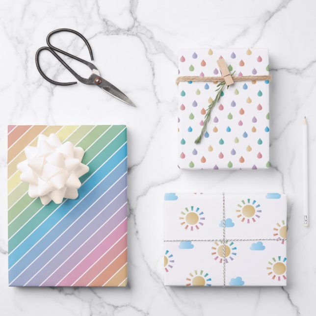 Pastel Rainbow Raindrops and Sunshine Baby Shower Wrapping Paper Sheet (Front)