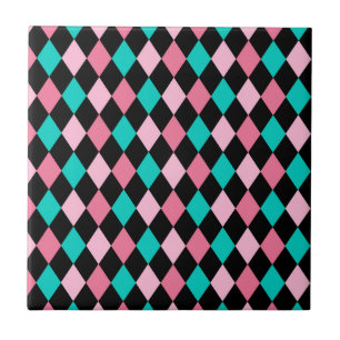 Pastel Rainbow Rhombuses Black Pink Blue Harlequin Tile