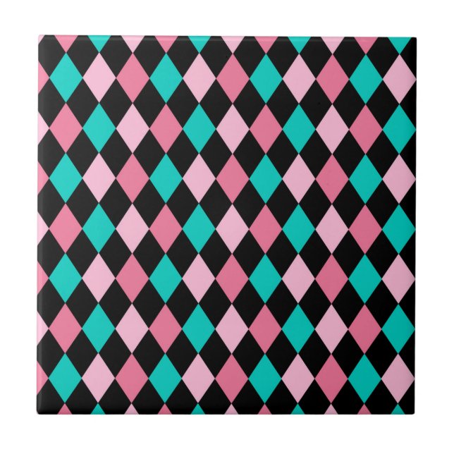 Pastel Rainbow Rhombuses Black Pink Blue Harlequin Tile (Front)