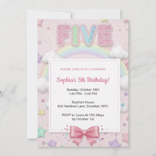 Pastel Rainbow Sequin Glitter Girl 5th Birthday Invitation