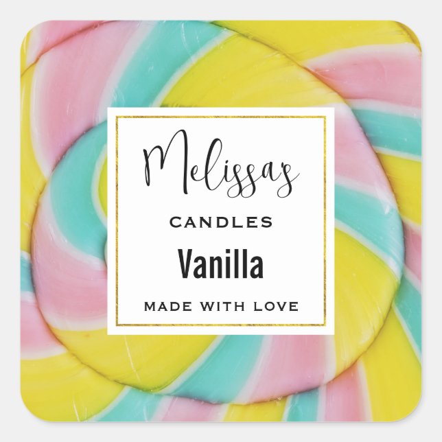 Pastel Rainbow Spiral Candy Photo Candle Biz Square Sticker (Front)