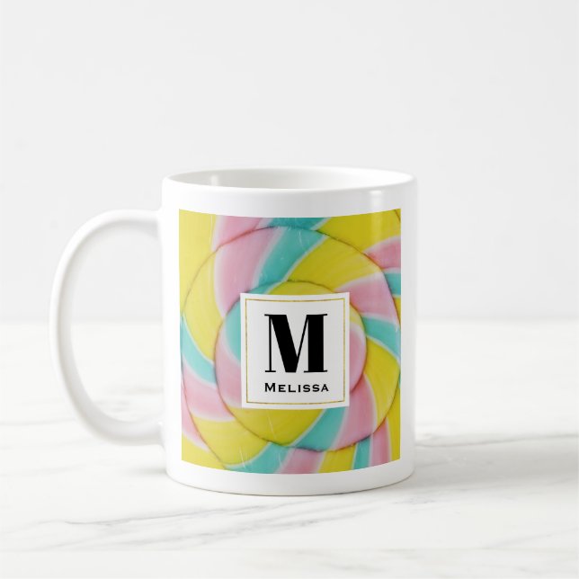 Pastel Rainbow Spiral Candy Photo Monogram Coffee Mug (Left)