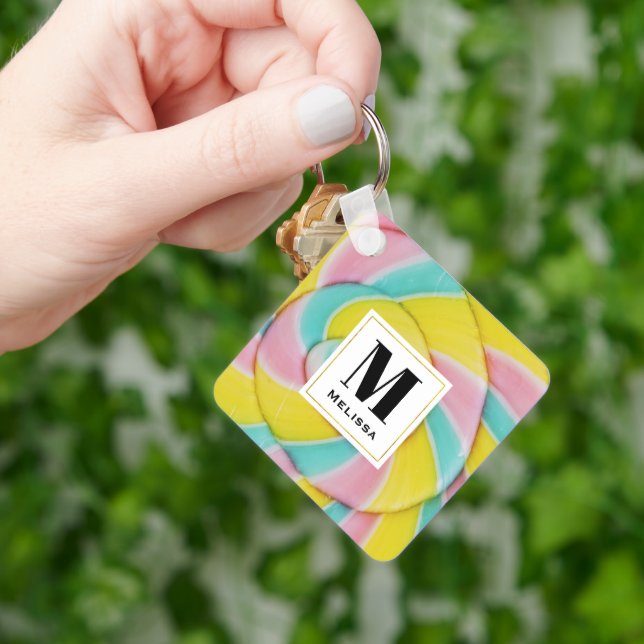 Pastel Rainbow Spiral Candy Photo Monogram Key Ring (Hand)